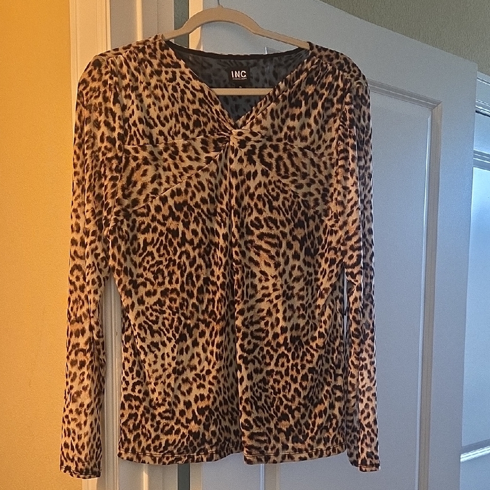INC International Concepts Leopard-Print Long Sleeve Top in Tan and Black